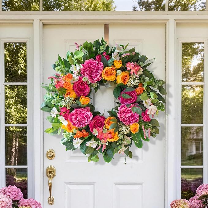 24 Inch Spring Wreaths for Front Door Outside,Handcrafted Garden Rose & Peony Style Summer Wreath with Pink,Orange Ivory Flowers- Lush Spring Door Wreath for Farmhouse Home Wall Porch Window