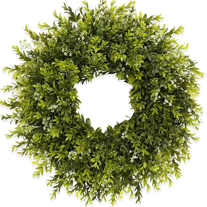 28'' Large Boxwood Wreath for Front Door Porch Window Artificial Boxwood Leaves with White Seed Greenery Outdoor Indoor Wreath for Home Farmhouse Wall Decor Spring Summer Fall All Seasons (Green)