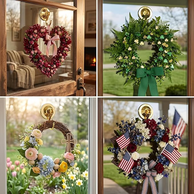 Powerful Suction Cup Hooks, Lightweight Vacuum Wreath Hanger for Glass Door & Window, 20 lbs Large Waterproof Towel Hooks for Bathroom Shower, Removable No-Drill Utility Hooks, Gold Chrome