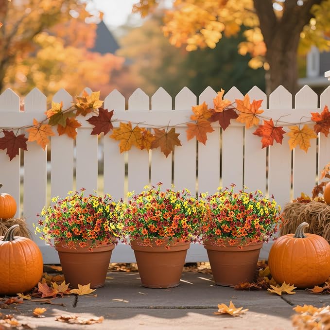 Artificial Flowers for Outdoors 12 Bundles Fake Plants Spring Home Decoration, Realistic Faux Flower Silk Daisy with Eucalyptus Stem UV Resistant Patio Planter Porch Yard Window (Yellow Brown Orange)