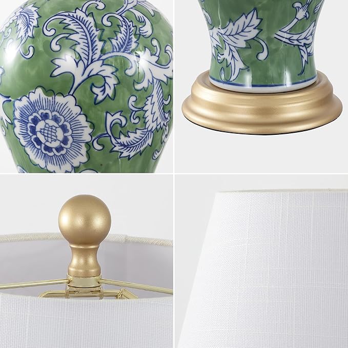 JONATHAN Y 24" Green/White French Country Ceramic Floral Urn Table Lamp, White Linen Shade, Chinoiserie Ginger Jar Bedside Lamp for Living Room Bedroom, LED Bulb (JYL3009F)