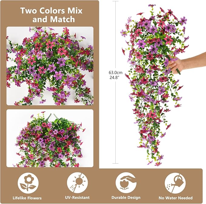 Artificial Hanging Flowers for Outdoors, 2 Pcs Fake Hanging Plant Spring Summer Decor, UV Resistant No Fade Realistic Faux Flower for Front Door Porch Planter Patio Garden Yard(Light Purple Red)