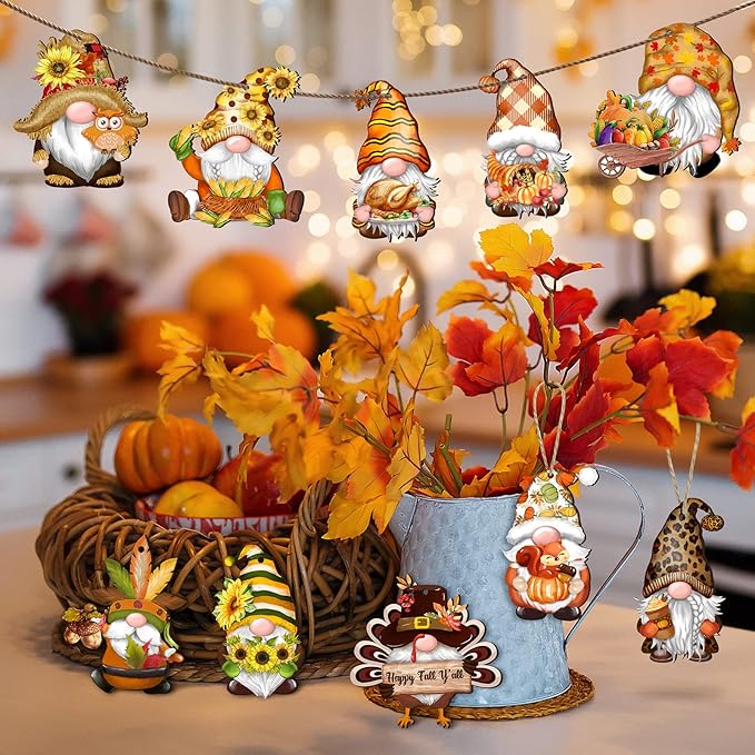 Fall Thanksgiving Gnomes Wooden Hanging Ornaments, Autumn Wood Hanging Pendant Decoration for Fall Tree Wooden Tags Slices Cutouts for Classroom Home Decor Holiday Party Supplies