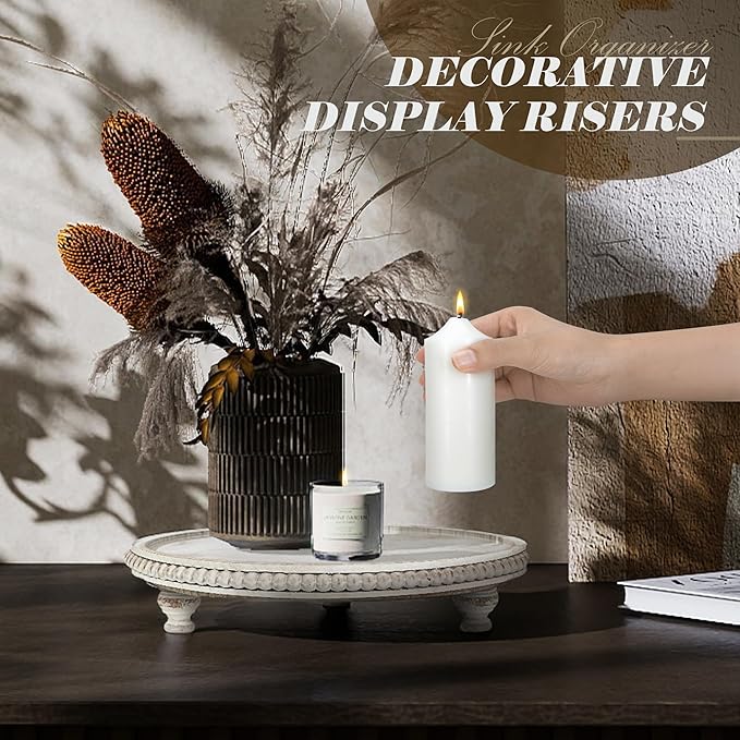EOSAHR Rustic Beaded Pine Wooden Display Riser - Wood Risers for Display Decorative perfect for Kitchen Table, Plant Stand & Coffee Table - Boho Chic Decor Accent for Home Decor (Distressed White)