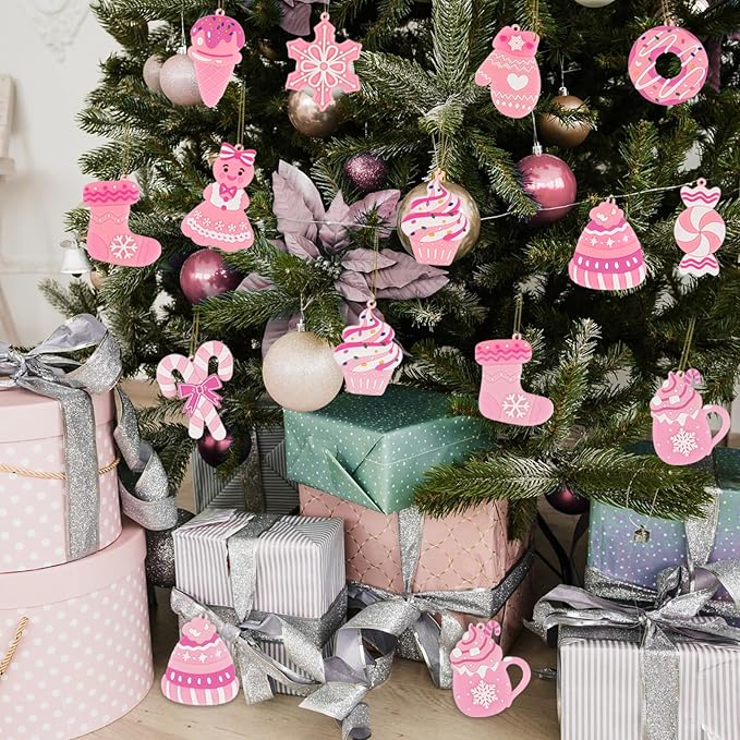 Pink Candy Ornaments for Christmas Tree Decorations, 12 PCS Soft PVC Candy Sweet Christmas Ornaments for Xmas Tree Party, Home, Office Decor