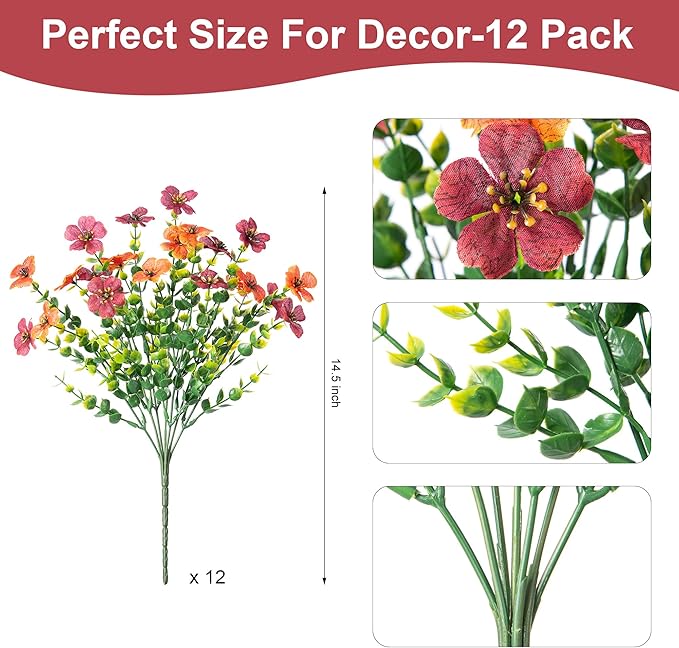 Artificial Fake Mums Fall Flowers for Outdoors Decoration,12 Bundles Faux Silk Daisy Flowers for Outdoor Planter UV Resistant Look Real for Home Front Door Porch Patio Outside Yard(Orange Brown)