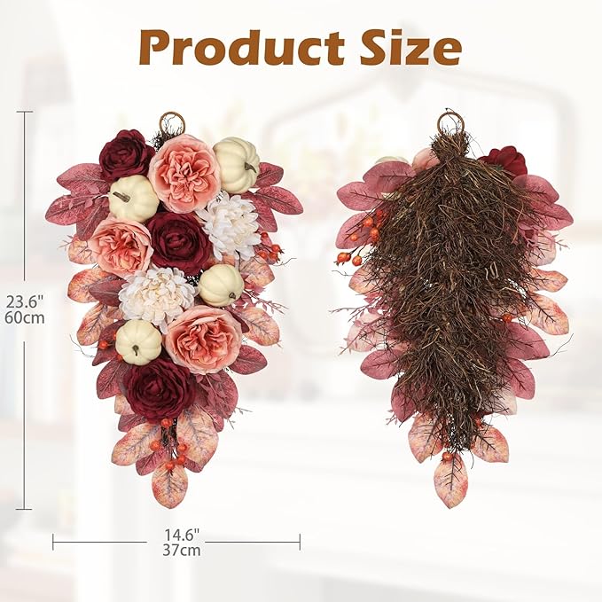 Harvest Teardrop Swag Fall Floral Swag sway with White Pumpkin Chrysanthemum Rose and Eucalyptus Leaves Autumn Teardrop sway for Home Front Door Wall Mantel Window Decor Pink and Burgundy