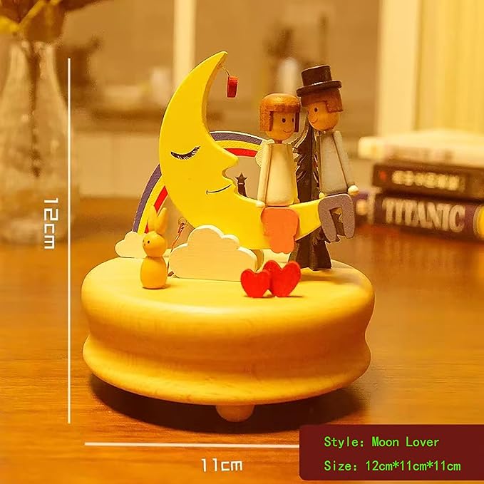 Natural Solid Wood Handcrafted Beech Wooden, Musical FigureTotoro/Carousel/Fairy/Ballerina Figurine,Rotating Hand Crank Mechanism Music Box,Musical Decorations (Moon Lover)