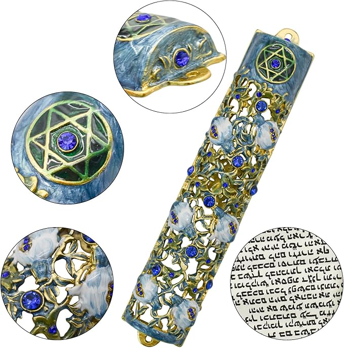 Mezuzah with Scroll for Door, Enamel&Zinc Alloy Blessing Mezuzah Case for Door, Colored Painted Mezuzha Scroll Kosher for Jewish Gifts/Jewish Decor, Christmas (White and Blue, 1.22x5.98 in)