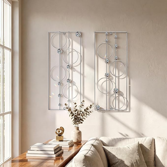 ZEXUIRU 2 Pcs. Abstract Metal Art for Wall Decor Living Room Bedroom Bathroom Office Metal Bling Modern Geometric Hanging Vertical Small Iron Sculpture Plaque Pack -Silver 24in