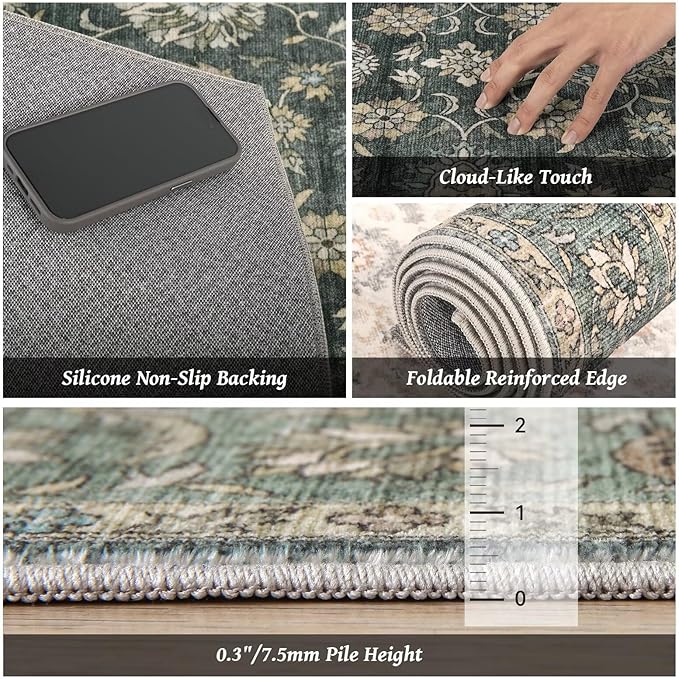 Washable 3x5 Entryway Rug, Boho Non-Slip Vintage Distress Small Rugs for Kitchen Nursery Office Bedroom, 0.3" Neutral Oriental Throw Thin Carpet with Cushioning Pad, Sage Green/Blue/Multi