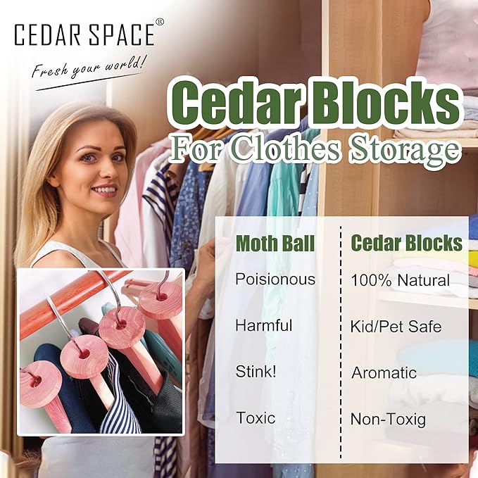 Cedar Blocks for Clothes Storage – 24 Pcs 100% Natural Cedar Rings | Wardrobe & Drawer Freshener for Closet Storage
