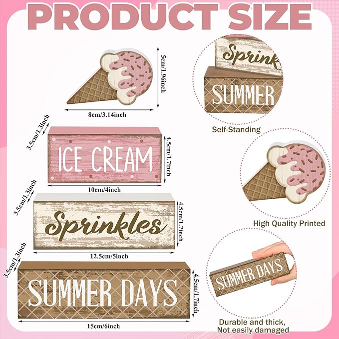 Lineshading 4 Pcs Summer Table Decoration Ice Cream Wooden Sign Pink Brown Rustic Summer Tiered Tray Decor Ice Cream Sprinkles Centerpieces for Home, Dining Room & Coffee Bar Kitchen