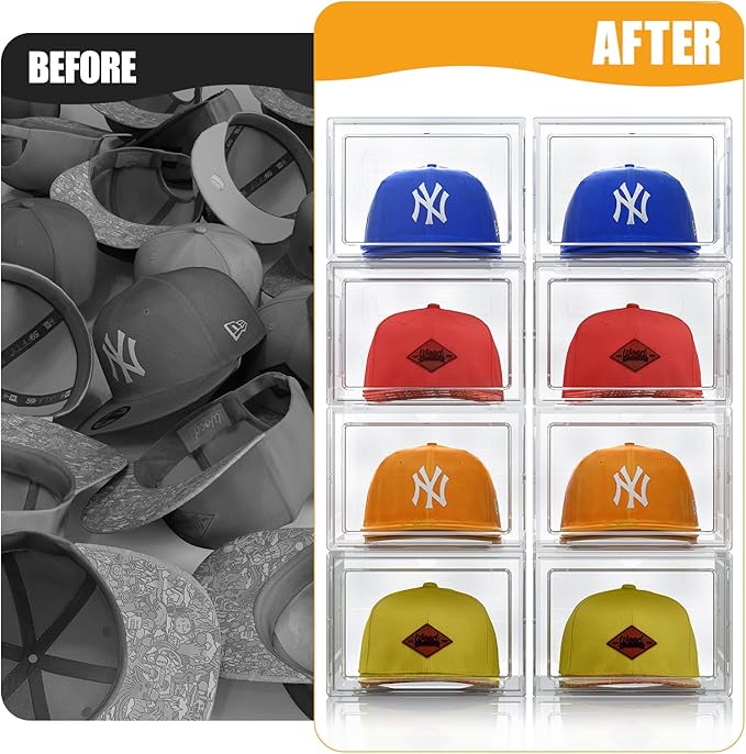 Hat Organizer Box, Stackable Clear Baseball Caps Holder Box Containers with Magnetic Door for Hats Snapback Cap Storag, Hat Rack Display Case, Holds 8 Hats Each (Clear, 2 Pack)