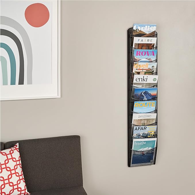 Safco Onyx Mesh Magazine Holder, Display Rack with 10 Pockets, Brochure Organizer, Commercial-Grade Steel Construction, Black