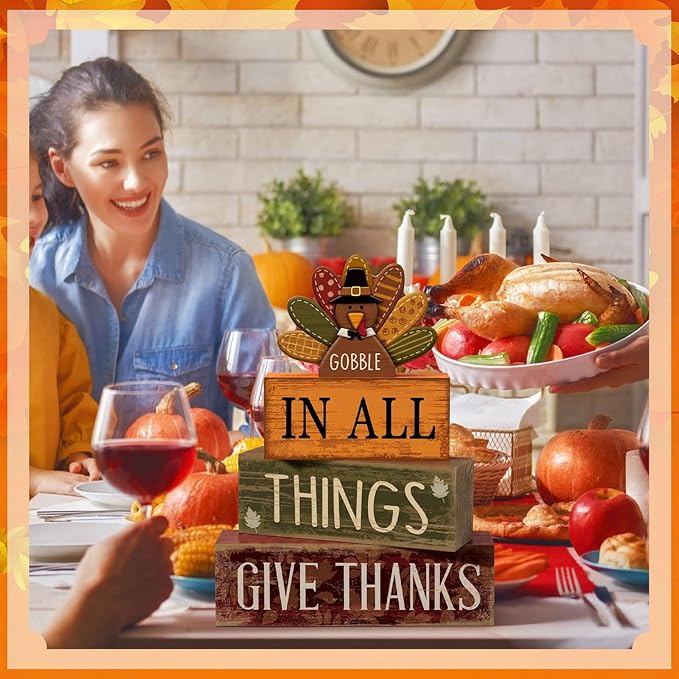 Moucuny 4 Pcs Fall Decorations for Home Wooden Turkey Decor Thanksgiving Tiered Tray Decor Thanksgiving Table Centerpiece Rustic Wooden Gobble Turkey Block Sign for Autumn Harvest Party Kitchen Shelf