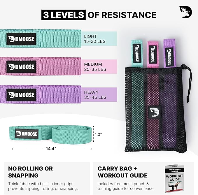 DMoose Fitness Fabric Resistance Bands for Full Body Exercises - Non-Slip Thick Cloth Stretch Band for Squats, Lunges & Bicep Curls - Long Resistance Bands for Working Out - Booty Band for Men & Women