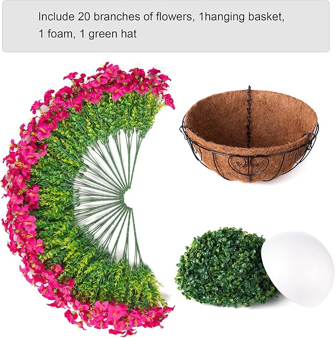 INSPRING Artificial Fake Hanging Flowers Baskets for Outdoors Spring Plants, UV Resistant Outdoor Faux Silk Petunias in Planter Look Real Morning Glory for Outside Patio Porch Balcony Garden, Fuchsia