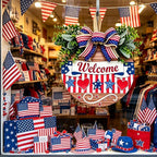 12" Patriotic Wreath Wooden Welcome Sign for Front Door, 4th of July & Memorial Day Decorations, USA 250th Anniversary Decor with Red Blue Stars Bow & Artificial Flowers for Outdoor Porch Patio Fence