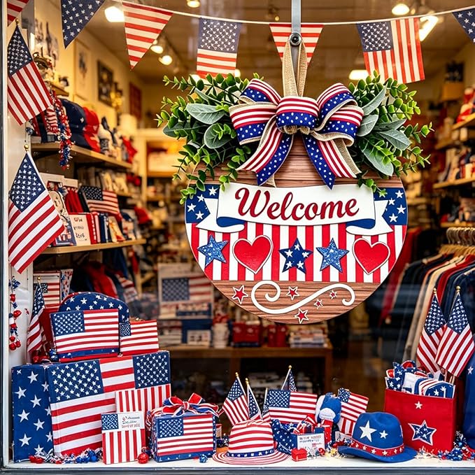 12" Patriotic Wreath Wooden Welcome Sign for Front Door, 4th of July & Memorial Day Decorations, USA 250th Anniversary Decor with Red Blue Stars Bow & Artificial Flowers for Outdoor Porch Patio Fence