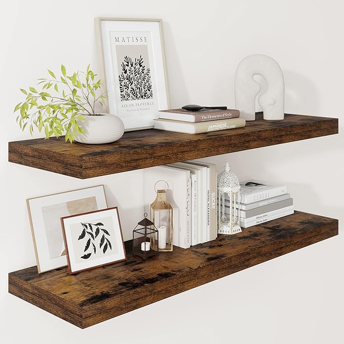 Vivelove 12" Deep Floating Shelves for Wall 36" Long, Wall Shelves for Bedroom Living Room Bathroom Kitchen Laundry Room, Farmhouse Rustic Shelves for Home Decor, 36" X 12" X 2" Set Of 2, Rustic Brown