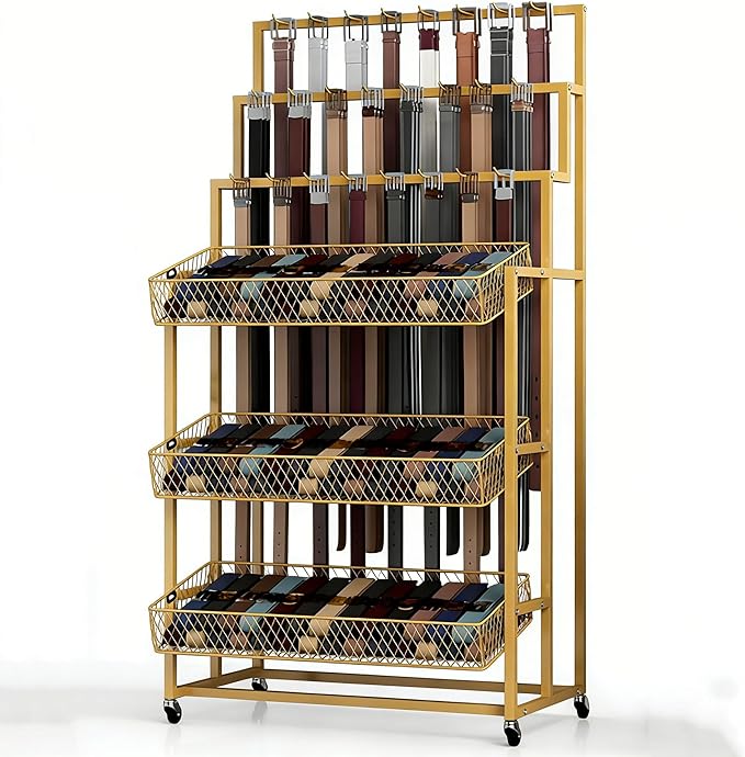 Heavy Duty Belt Display Stand, Metal Belt Rack with 360° Rolling Wheels, Multi-Functional Accessory Display for Belts/Scarves/Wallets, Retail Belt Organizer for Store/Closet/Boutique
