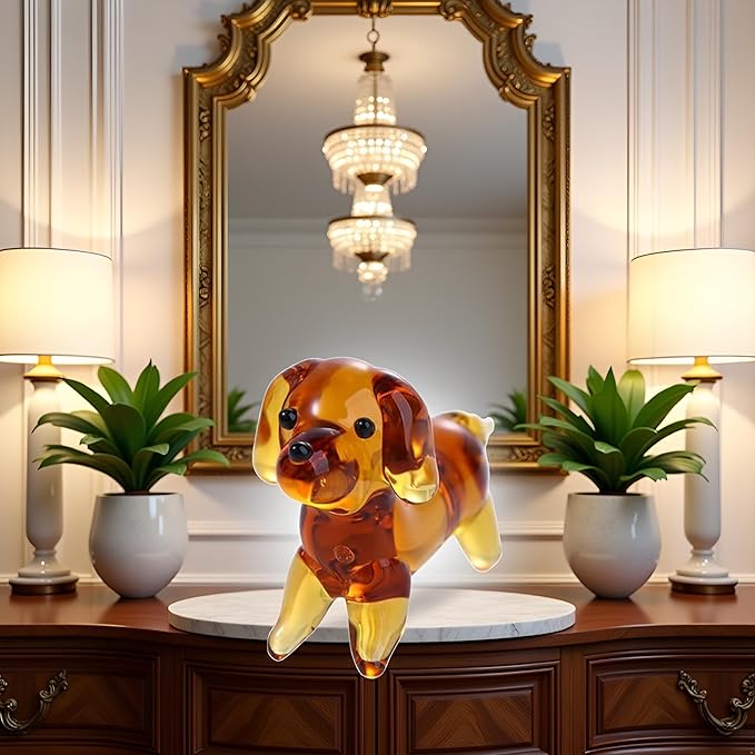 Brown Mini Dog Art Blown Glass, Crystal Cute Dog Figurine, Glass Ornament Statue Animal Collectible, Blown Art Pet Animal Collectible Figures Home Décor Accents