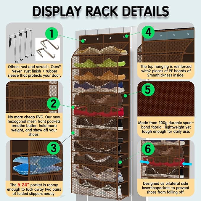 Over The Door Shoe Organizer with 12 Large Breathable Pockets - Durable Hanging Storage for the Entire Family's Shoes (Espresso)