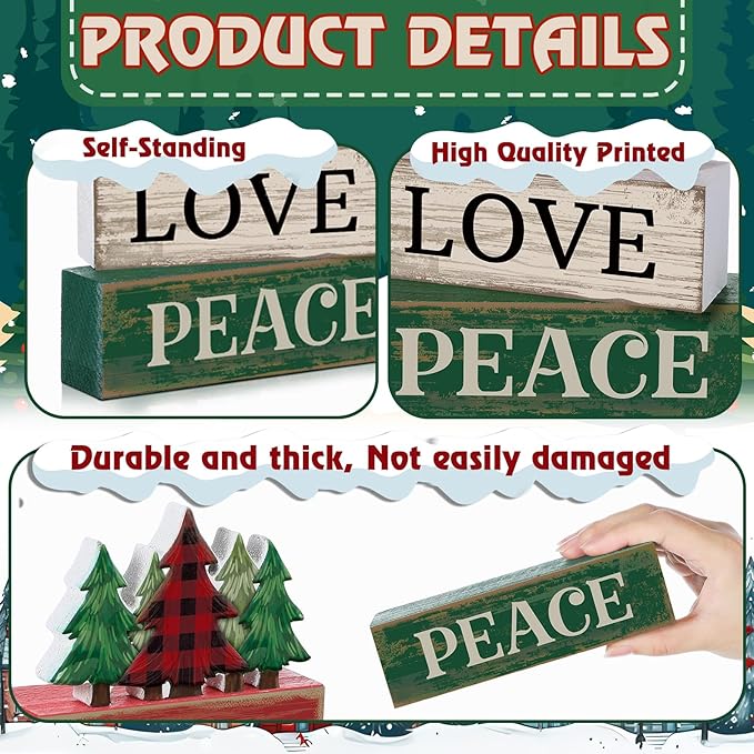 Lineshading 4 Pcs Christmas Table Decor Christmas Tree Centerpiece Joy Peace Love Sign Rustic Decorative Tree Block Signs Gift Winter Tiered Tray Decor Farmhouse for Home Xmas Party Kitchen Shelf
