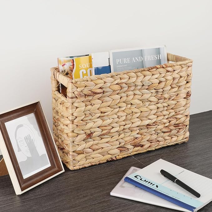 BTSKY Woven Magazine Holder, Water Hyacinth Magazine Basket, Natural Narrow Storage Basket Bin for Books & Files, Magazine Rack with Built-in-Handle for Home, Office & Desk - 15.4x5.5x9.8 Inch