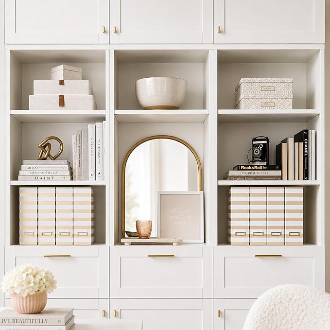 BLU MONACO | Cardboard Magazine File Holder Set of 4 Gold White Stripes | Vertical Magazine File Holder with Label Slots | Standing File Holder and Cardboard Bins for Shelves Desk Classroom