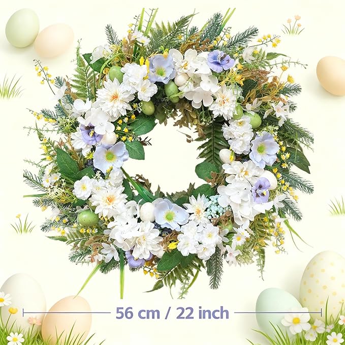 Idyllic 22 Inch Summer Wreaths for Front Door - White Blue Flowers on Green Foliage Base for Seasonal Home Outdoor Decor