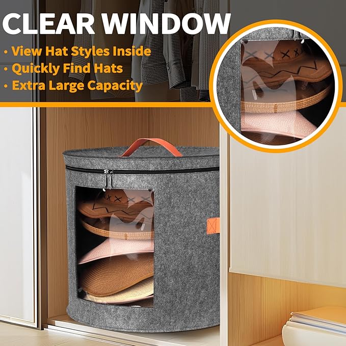 Oversized Hat Storage Box for Women & Men，19" D x 17" H Cowboy Hat Boxes with 1 Wood Hook Felt travel Round Hat Organizer Box with Dustproof Lid (Gray)