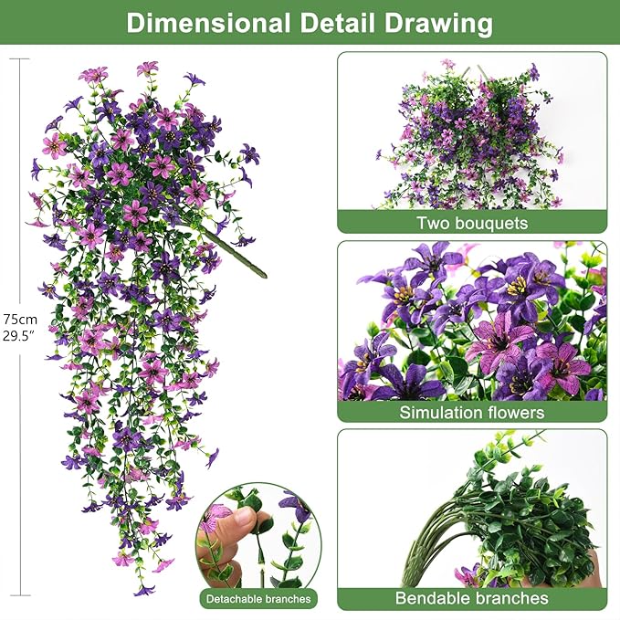 Artificial Fake Hanging Flowers Plants for Outdoor Spring Decoration,2 PCS Faux Silk Daisy with Eucalyptus Leaves,UV Resistant Look Real for Outside Home Indoor Planter Porch Patio Balcony Yard Decor