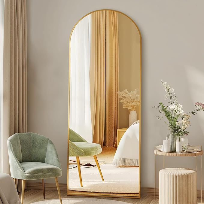 DUMOS 56"x15" Arched Full Length Floor Mirror, Full Body Mirror with Stand, Shatterproof Tempered Glass, Modern Aluminum Alloy Frame, Free Standing or Leaning for Home Decor, Gold