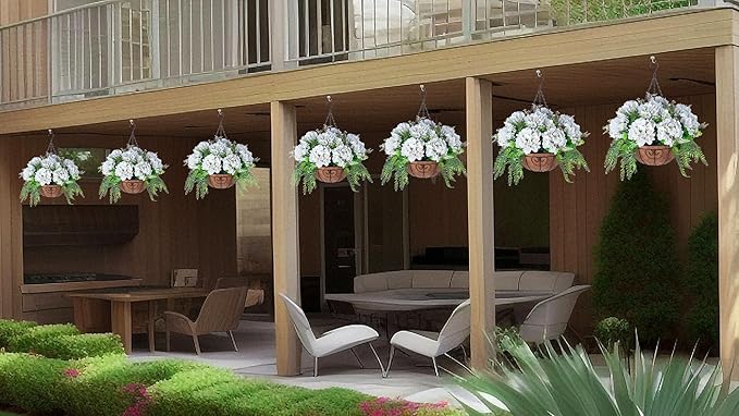 Artificial Flowers in Hanging Basket Planter for Home Spring Summer Decoration, Silk Hydrangea Outdoor Indoor Arrangements, 12" Metal Coconut Lining Basket with Faux Plant(Light Green)