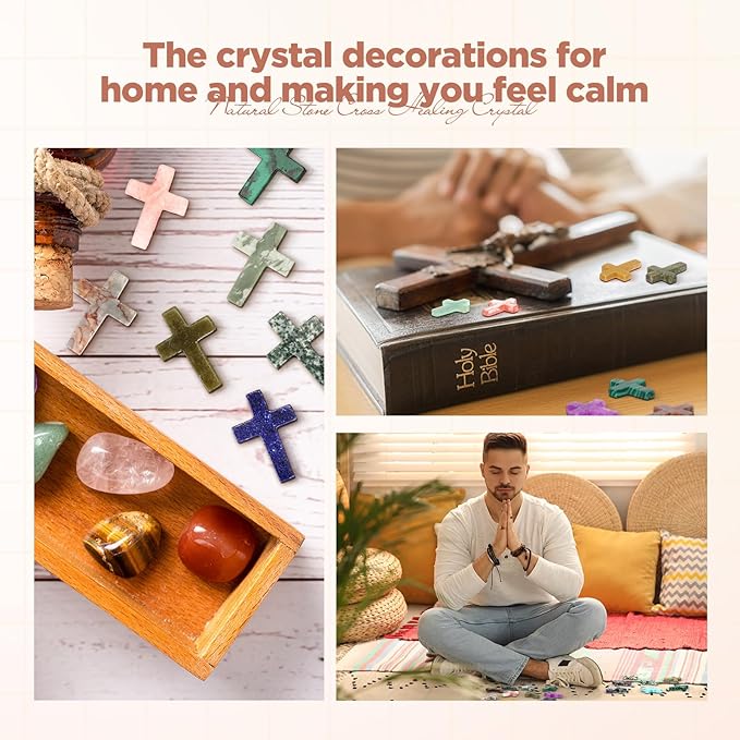 Nuenen 50 Pcs Cross Charm for Women Man Celebration Grad Decor Crystal Pocket Cross Necklace Natural Worry Stone Gift for Jewelry Making Craft Festival Decor(1.5 x 1.06 x 0.24 Inch,Lovely)