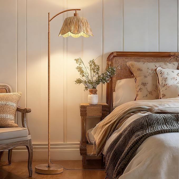 Oneach Rattan Floor Lamp for Bedroom, Boho Floor Lamp with Foot Switch, Farmhouse Standing Lamps for Living Room with Hand-Woven Shade, Walnut Metal Base & Pole
