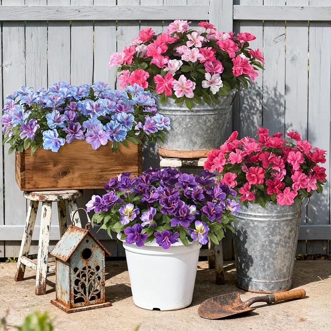 Artificial Fake Flowers for Outdoor, 8 Bundles Faux Plants Silk Flowers Spring Decoration UV Resistant No Fade Plastic Flowers for Outside Planters Home Porch Patio Yard Garden Decor