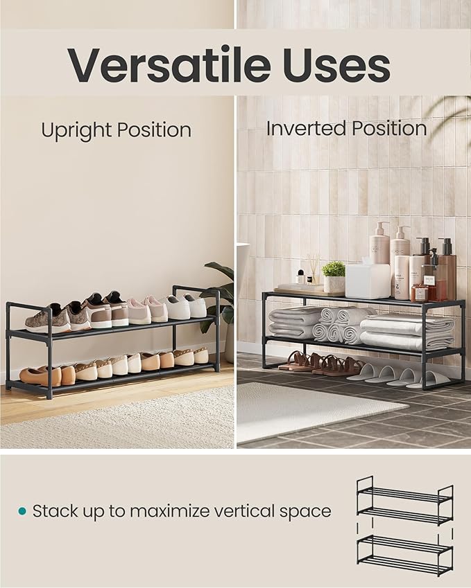 SONGMICS Shoe Rack, 2-Tier Shoe Organizer, Metal Storage Shelf, Upright or Upside Down, for 12-15 Pairs, Stackable, for Entryway, 11.8 x 36.2 x 14.6 Inches, Black ULSA12BK