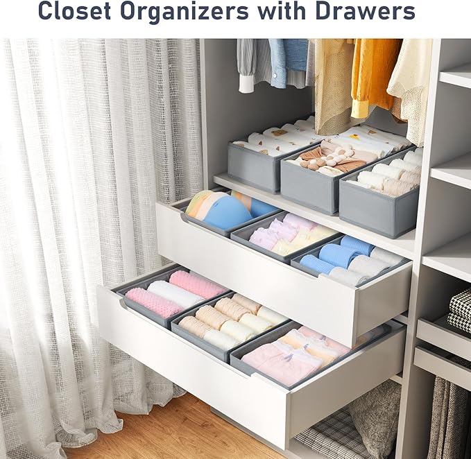 DIMJ Drawer Organizer Clothes - Underwear Organizer Small Sock Organizer Closet Organizers and Storage Box Dresser Drawer Dividers for Baby Clothes,Bra,Socks, Belt, Tie, Set of 9,Grey
