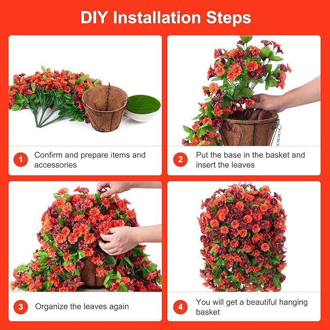 Artificial Flowers with Hanging Basket, Outdoor Faux Plants Silk Morning Glory Vines, Fake Green Arrangement for Garden Patio Spring Summer Decor(Orange Brown)