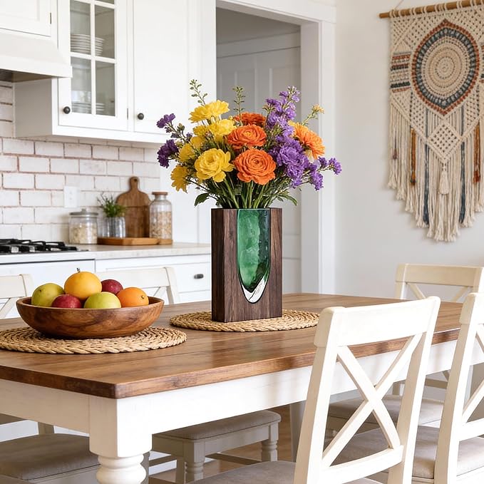 Wood and Glass Inlay Vases Farmhouse Wooden Glass Flower Vase Solid Wood Glass Vase Home Decor Vases for Centerpiece (9.37)