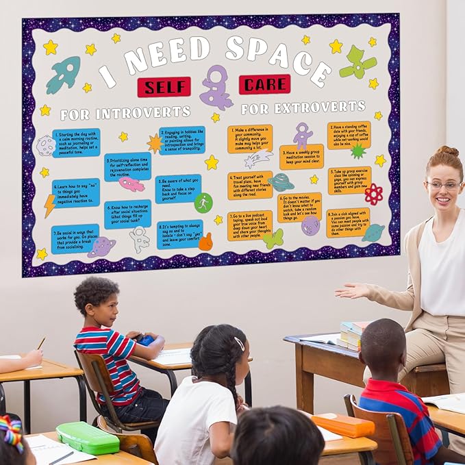 Outer Space Bulletin Board Set Astronaut Classroom Decorations I Need Space Self Care Mental Health Galaxy Planet Rocket Solar System Cutouts for Back to School Chalkboard Nursery Teacher Supplies