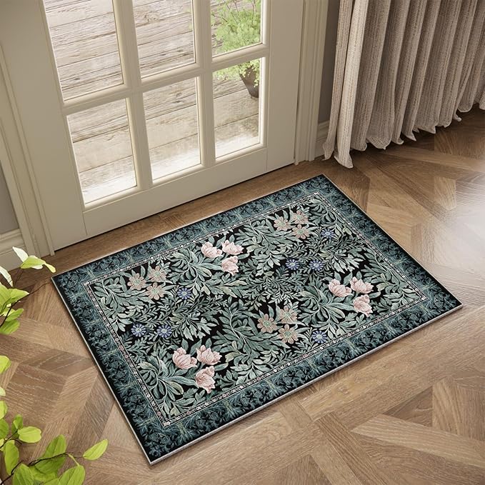 Washable Entryway Area Rugs 2x3 Black Green Vintage Floral Botanical Pattern,Perfect for Soft Door Mat Indoor Entrance, Ultra-Thin Easy Clean Small Throw Carpet for Bedroom Bathroom