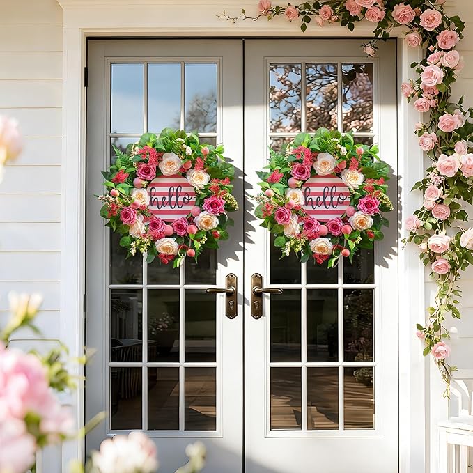 Spring Summer Wreaths for Front Door Outside, 24 Inch Peony & Rose Floral Summer Wreath with Pink Peach Farmhouse Door Decor, Spring Wreaths for Front Door, Spring Door Wreath for Front Door Outside