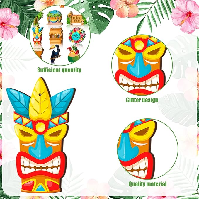 Geelin 36 Pcs Summer Wood Hanging Ornaments for Tree Mini Tree Decorations Hawaiian Beach Wooden Pendant Decorations with String for Luau Party Supplies(Aloha)
