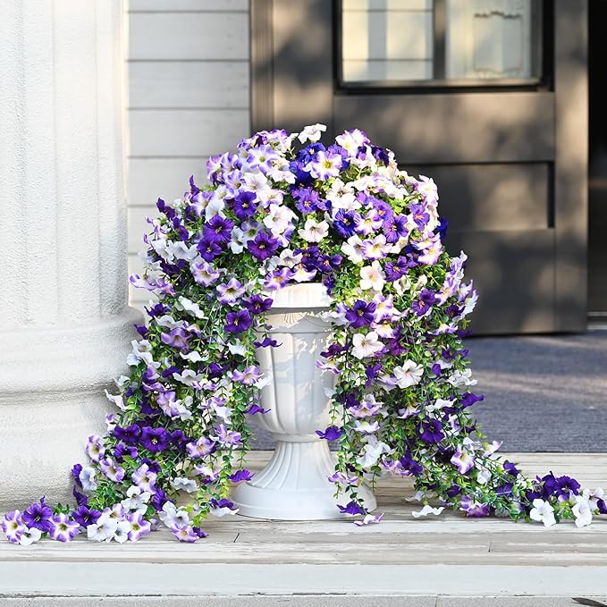 Waipfaru Artificial Petunias Flowers for Outdoors, 4 Pcs UV Resistant Fake Hanging Plants Spring Outside Decor, Faux Silk Flowers Long Trailing Vines for Outdoor Planters Porch Garden (Purple White)