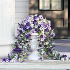 Waipfaru Artificial Petunias Flowers for Outdoors, 4 Pcs UV Resistant Fake Hanging Plants Spring Outside Decor, Faux Silk Flowers Long Trailing Vines for Outdoor Planters Porch Garden (Purple White)