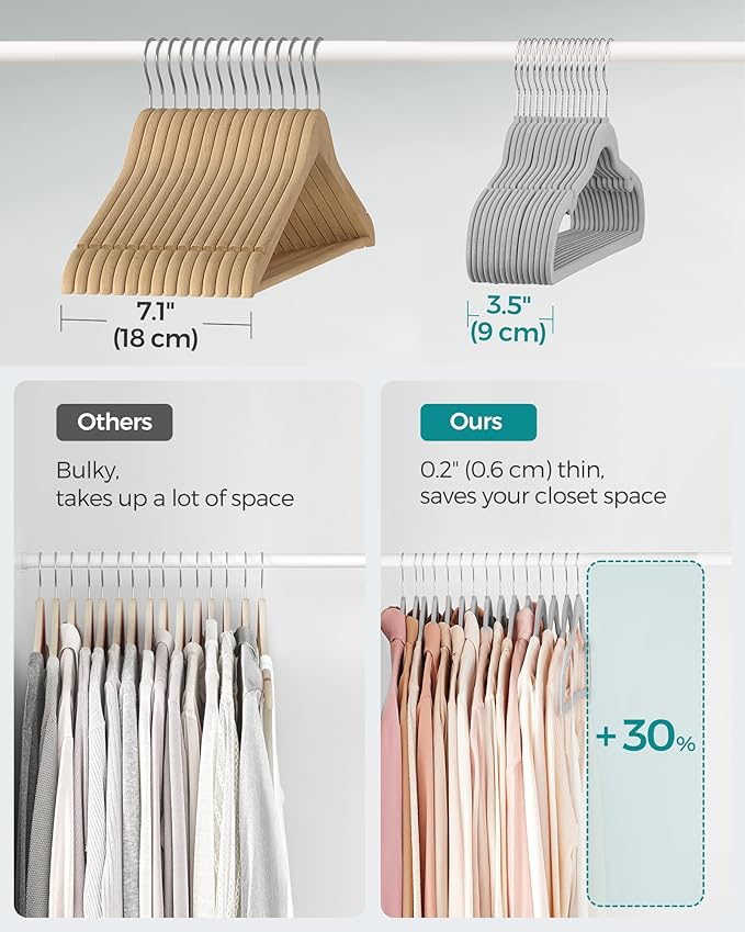 SONGMICS Velvet Hangers 50 Pack, Non-Slip Clothes Hangers, Suit Hangers with Shoulder Notches, Pants Bar, 360° Swivel Hook, Space-Saving, for Closet, Dove Gray UCRF029G50